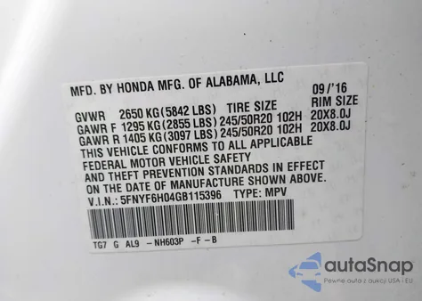 2016 Honda Pilot Elite z USA, uszkodzony, nr VIN 5FNYF6H04GB115396